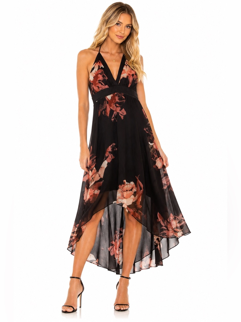 White House Black Market Black Floral Chiffon Halter Hi-Low Dress | Size 0